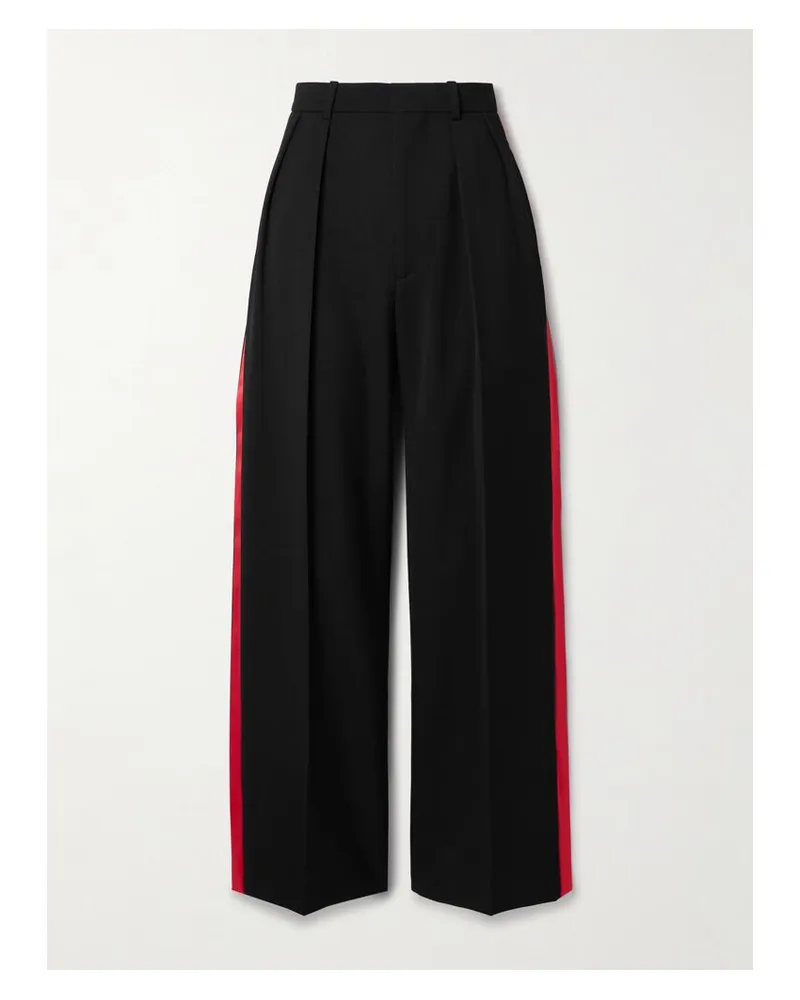 WARDROBE.NYC Bundfaltenhose Mit Weitem Bein Aus Woll-piqué Mit Besätzen Aus Seidensatin - Schwarz Schwarz