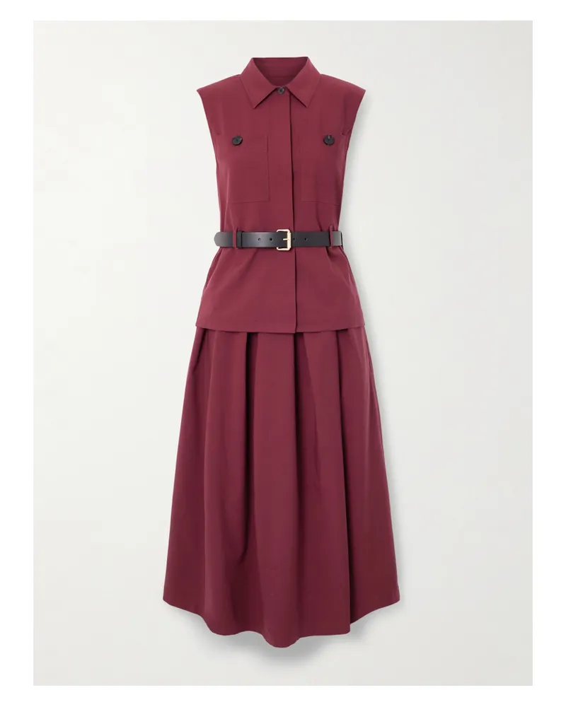 Self-Portrait Mehrlagiges Midikleid Aus Twill Mit Falten Und Gürtel - Burgunder Burgunder