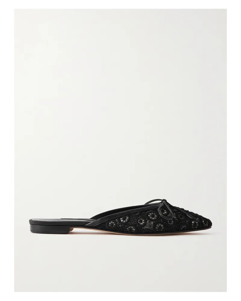 Manolo Blahnik Ballerimu Slippers Aus Spitze Mit Lederbesätzen Und Schleife - Schwarz Schwarz