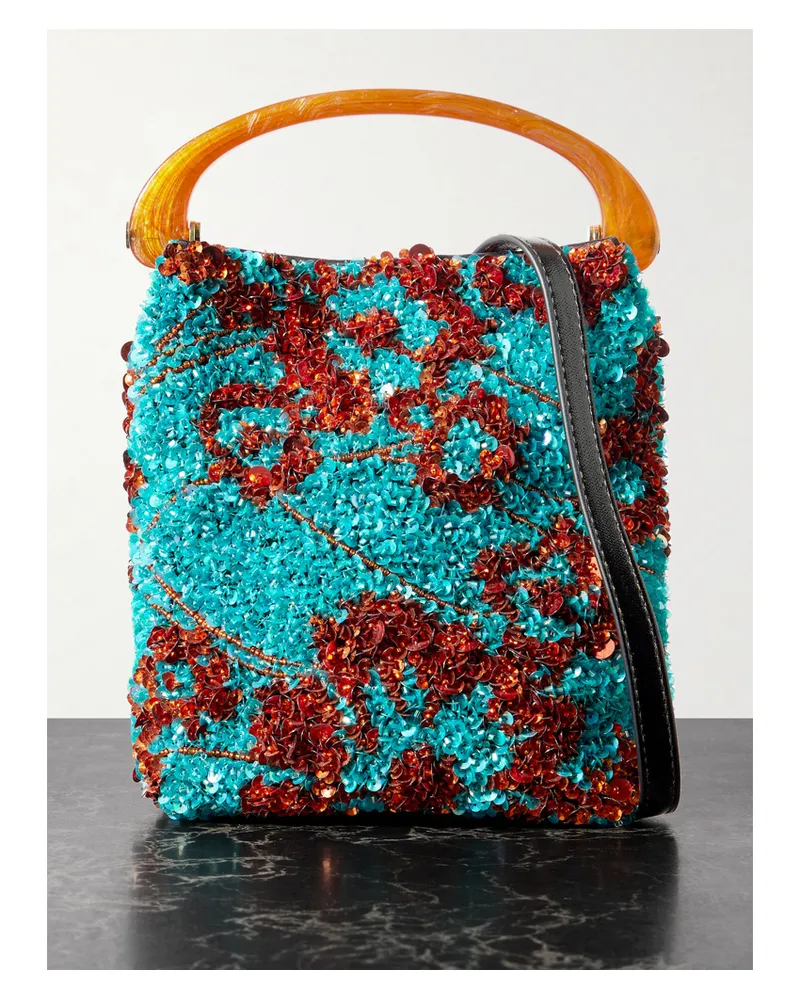 Dries van Noten Leather-trimmed Embellished Satin-crepe Shoulder Bag - Blue Blue