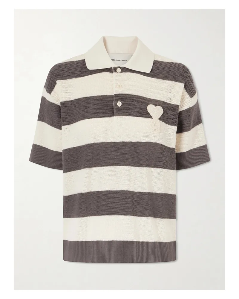 AMI Paris Embroidered Striped Knitted Cotton Polo Shirt - Neutrals Neutrals