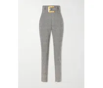 Belted Prince Of Wales Checked Wool-blend Skinny Pants - Black