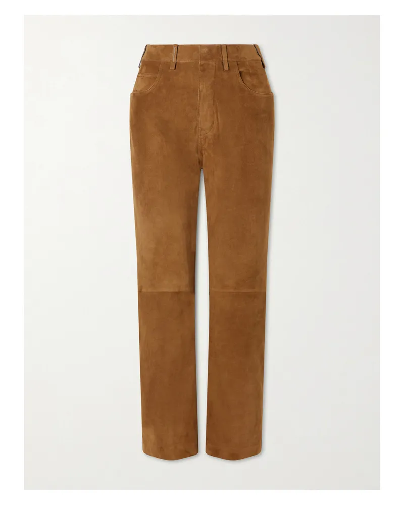 Tom Ford Embellished Paneled Suede Straight-leg Pants - Brown Brown