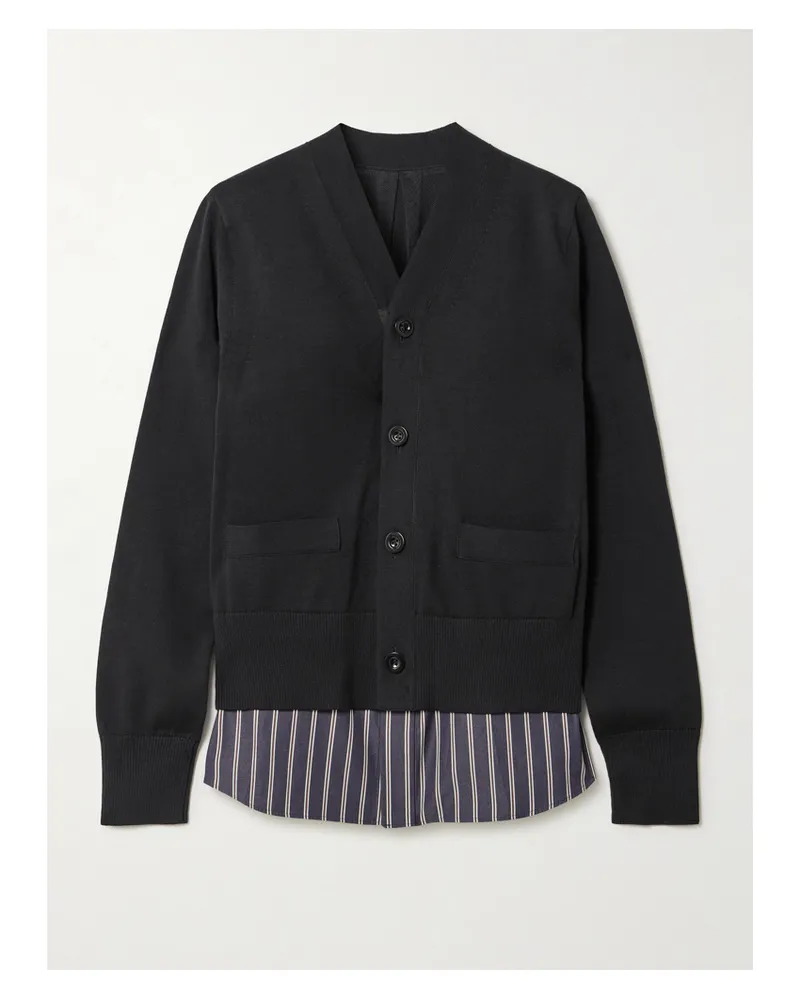 Sacai Mehrlagiger Cardigan Aus Jersey Aus Einer Baumwollmischung Mit Gestreiften Besätzen Aus Baumwollpopeline - Schwarz Schwarz