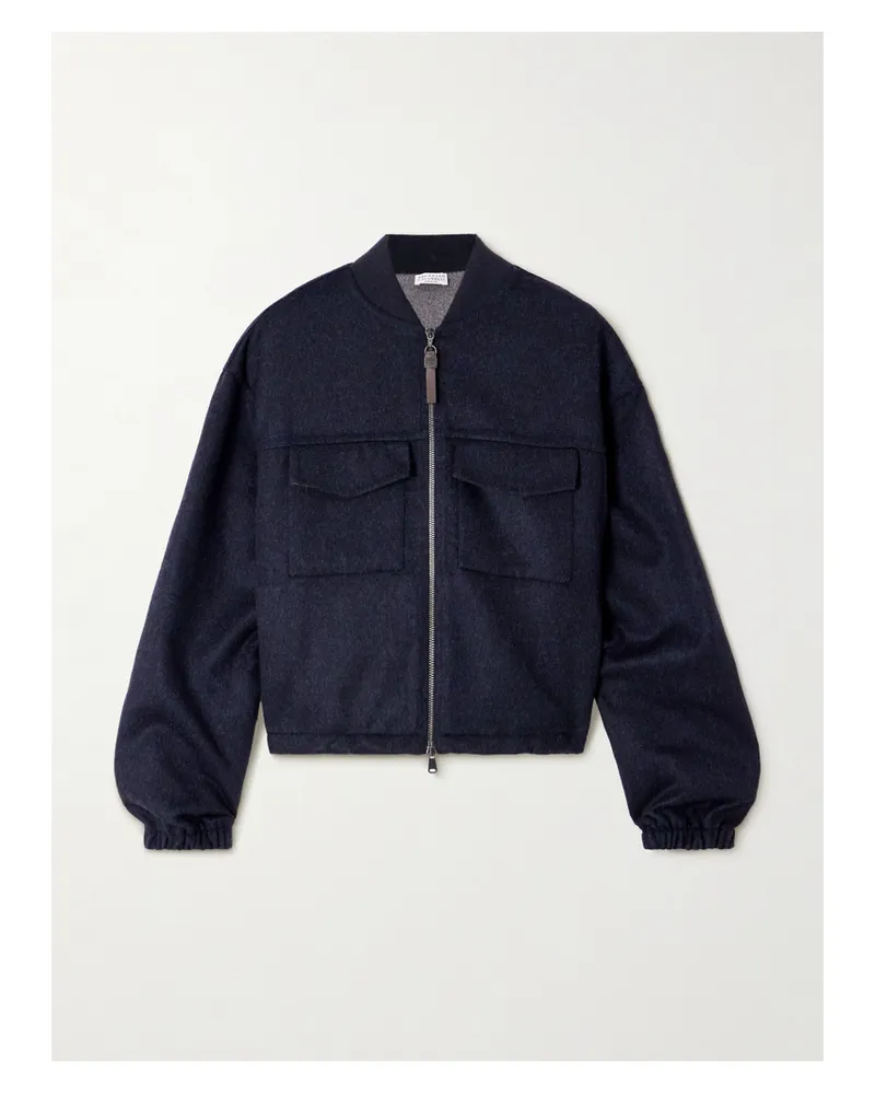 Brunello Cucinelli Bomberjacke Aus Wolle Mit Lederbesatz Und Zierperlen - Blau Blau