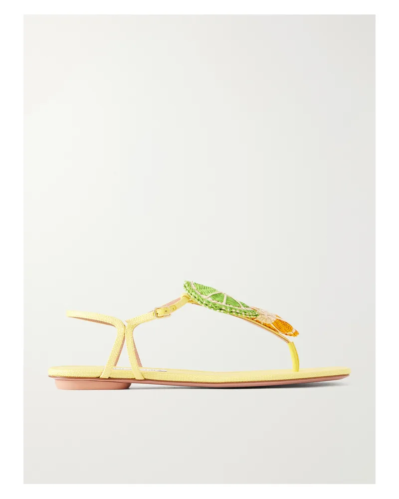 Aquazzura Embellished Raffia Thong Sandals - Yellow Yellow