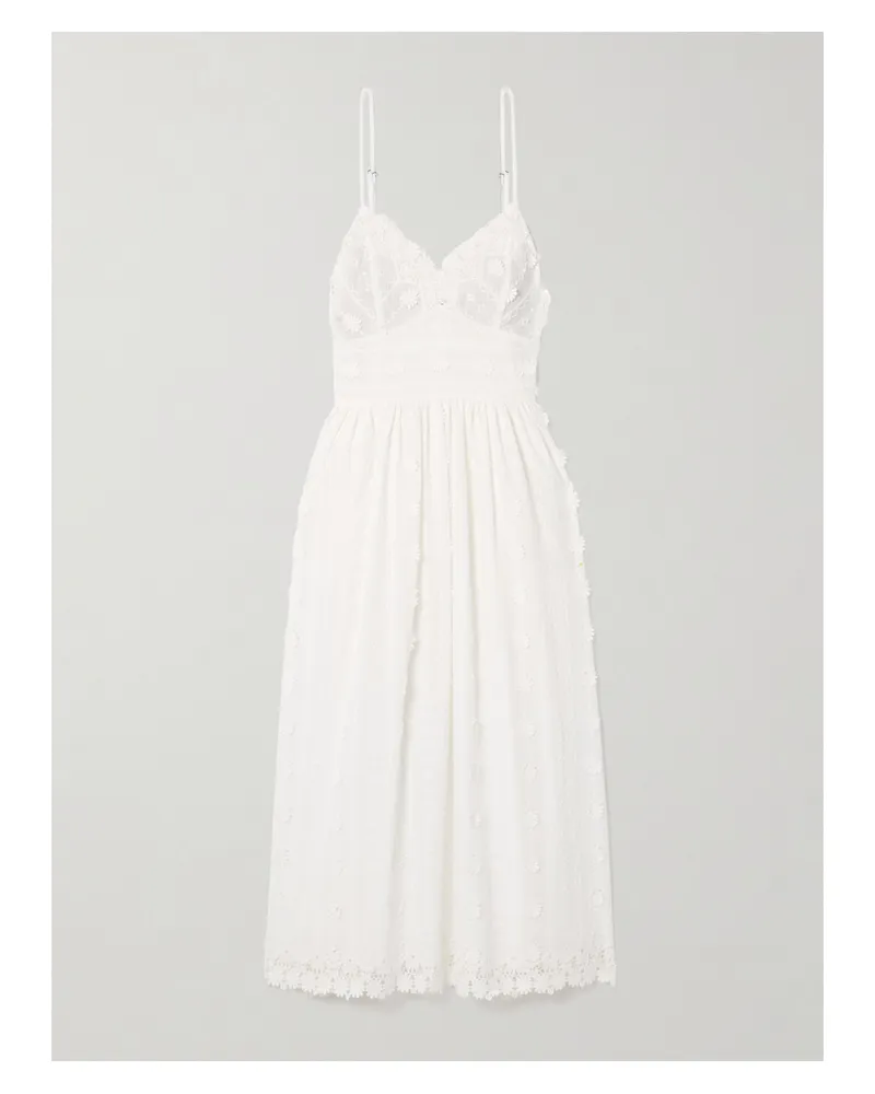 Miguelina Hollis Midikleid Aus Baumwoll-voile Mit Guipure-spitzenbesätzen, Applikationen Und Stickereien - Wollweiß Wollweiß