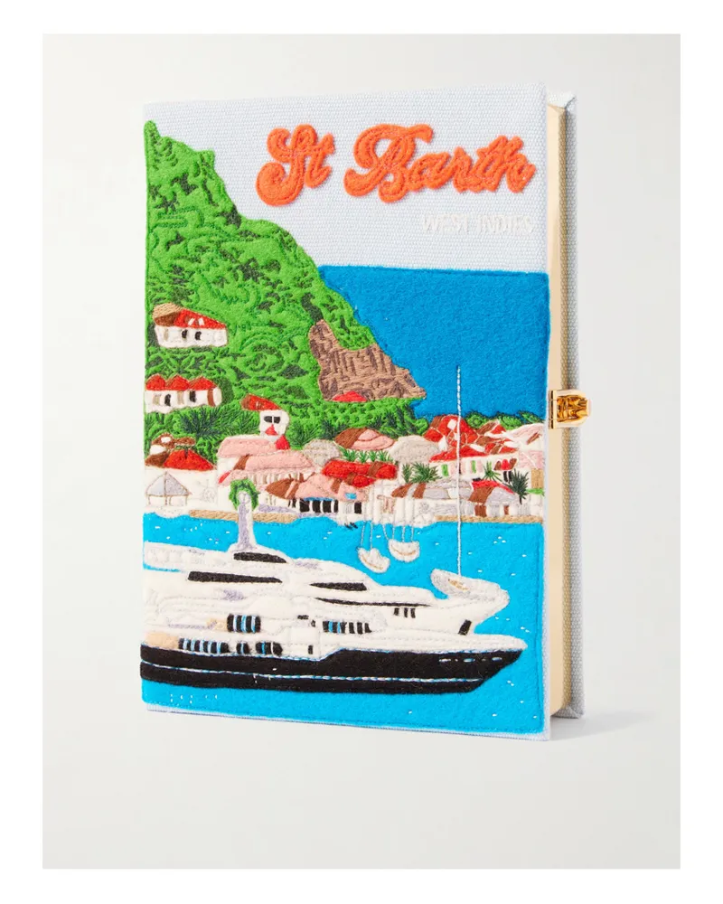 Olympia Le-Tan St. Barth Embroidered Appliquéd Cotton, Wool And Silk-blend Canvas Clutch - Blue Blue