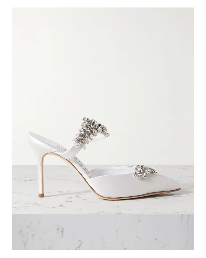 Manolo Blahnik Lurum 90 Crystal-embellished Satin Mules - White White