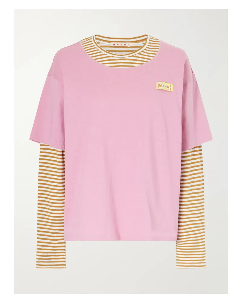 Marni Appliquéd Striped Linen And Cotton-blend T-shirt - Pink Pink