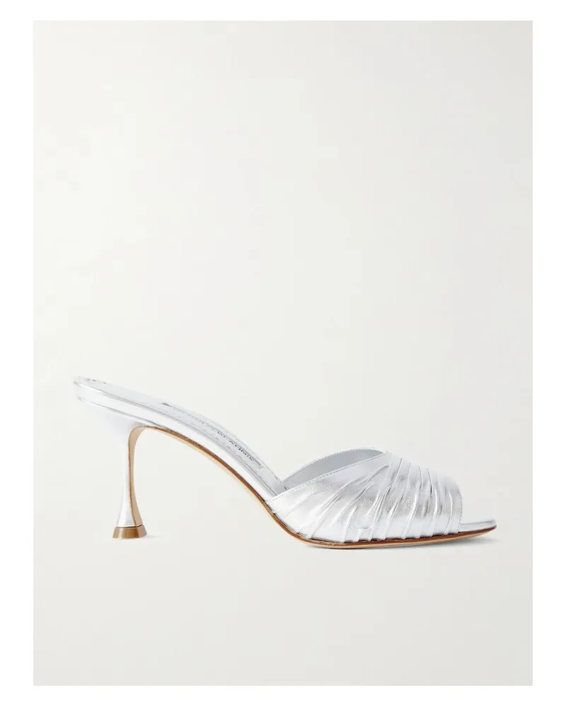 Manolo Blahnik Pirua 70 Mules Aus Metallic-leder In Knitteroptik - Silber Silber
