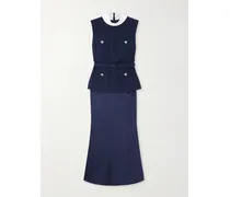 Midikleid Aus Bouclé Und Satin Mit Crêpe-besatz Und Gürtel - Blau