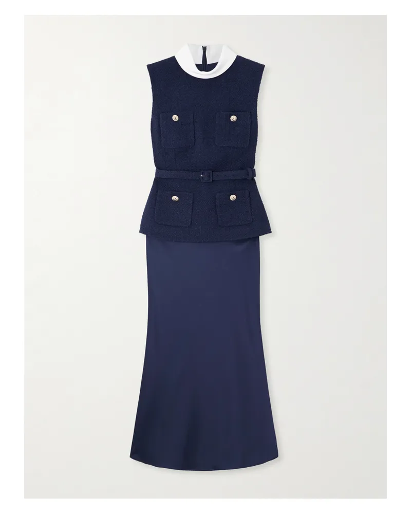 Self-Portrait Midikleid Aus Bouclé Und Satin Mit Crêpe-besatz Und Gürtel - Blau Blau