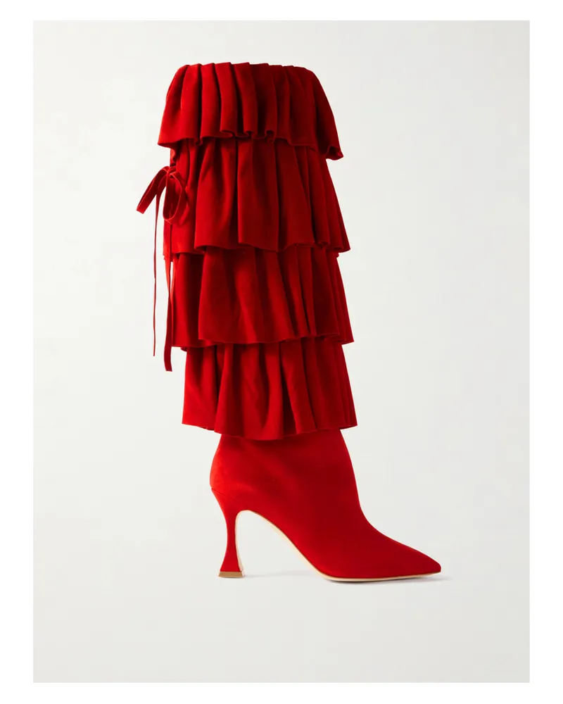Manolo Blahnik Mifalone 90 Kniehohe Stiefel Aus Veloursleder Mit Gestuften Rüschen - Rot Rot