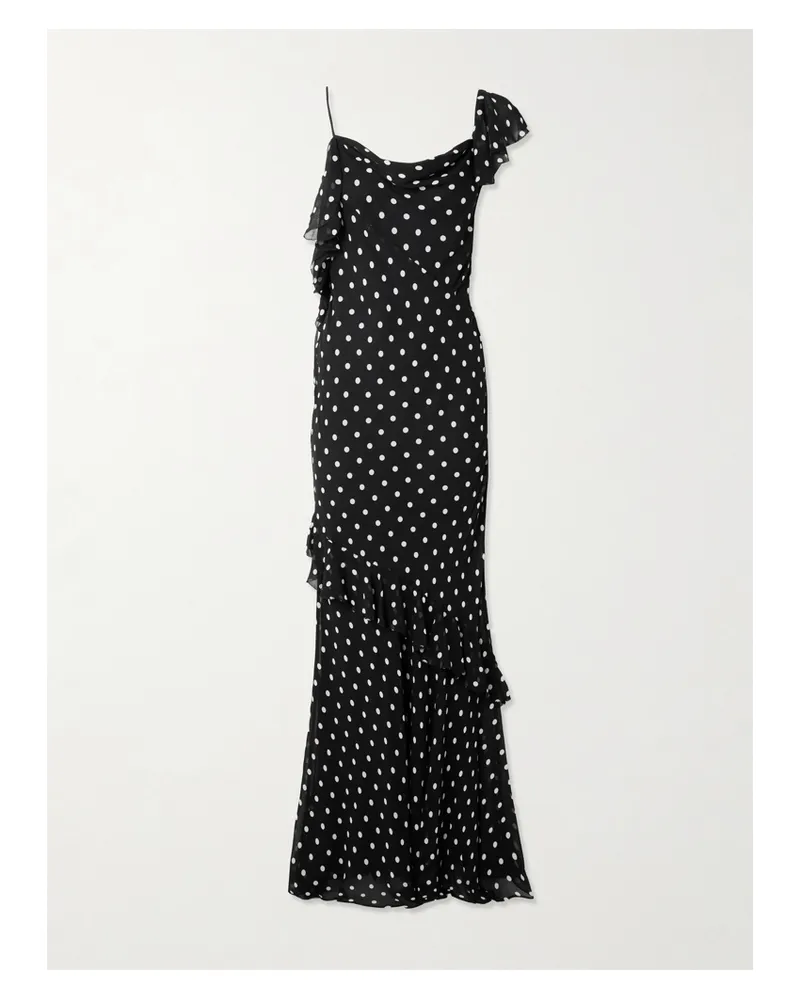 Self-Portrait One-shoulder Asymmetric Ruffled Polka-dot Georgette Maxi Dress - Black Black