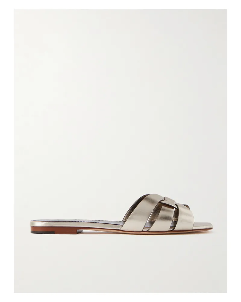 Saint Laurent Tribute Woven Metallic Leather Slides - Silver Silver