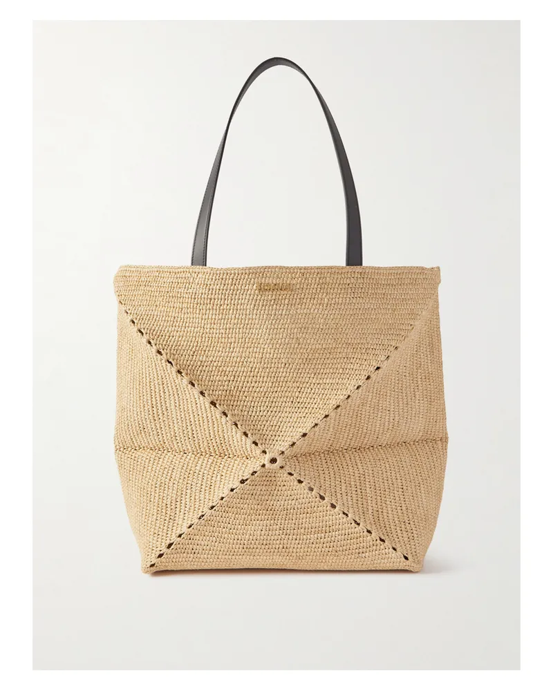 Loewe Paula's Ibiza Puzzle Fold Large Leather-trimmed Raffia Tote - Neutrals Neutrals