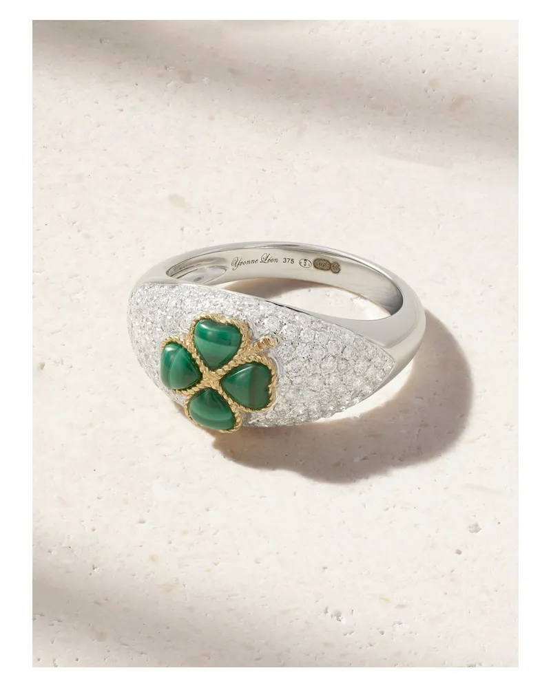 Yvonne Léon Mini Bague Dôme Trèfle 9-karat White And Yellow Gold, Malachite And Diamond Ring - Silver Silver