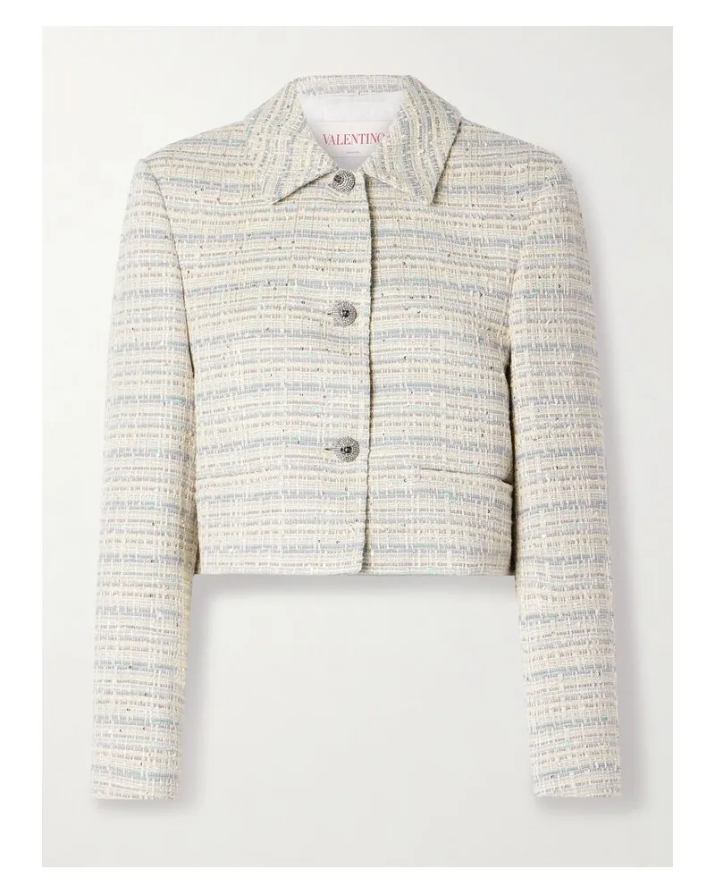 Valentino Garavani Verkürzte Jacke Aus Tweed Aus Einer Baumwollmischung Mit Verzierungen - Weiß Weiß