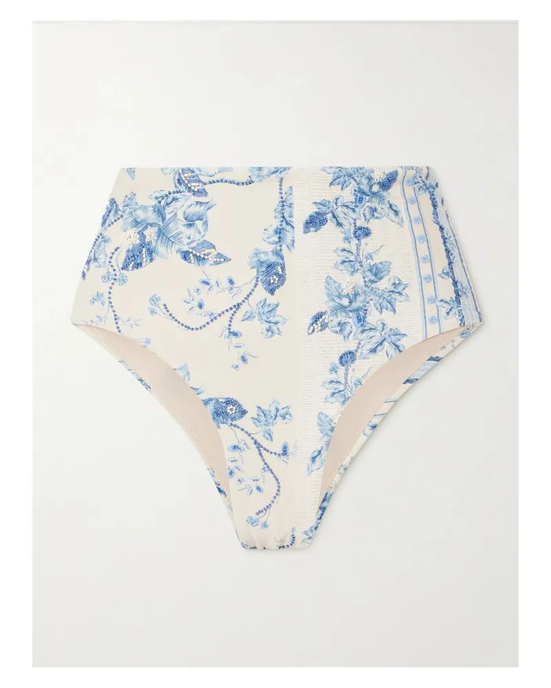 AGUA BENDITA Magenta Bougainvillea Bikini-höschen Aus Recyceltem Stretch-material Mit Blumenprint Und Zierperlen - Blau Blau