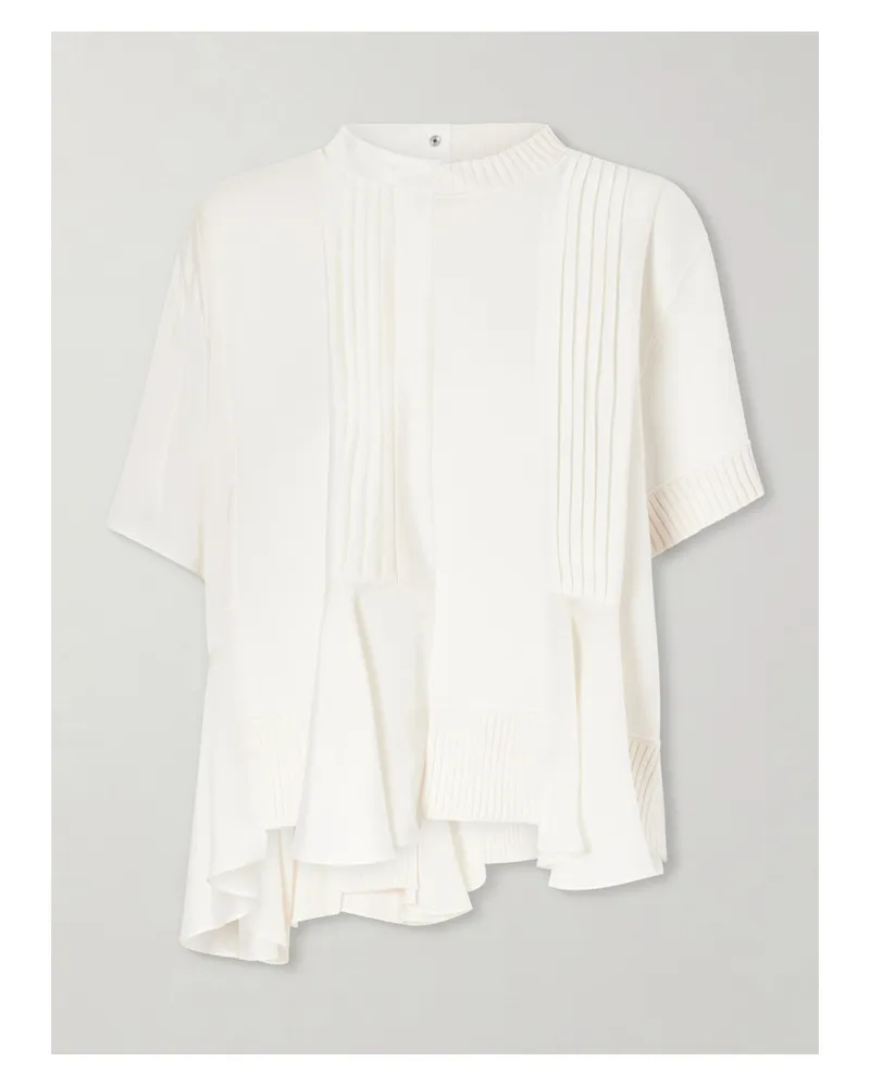 Sacai Paneled Pleated Ruffled Chiffon And Cotton-blend Top - Off-white Off-white
