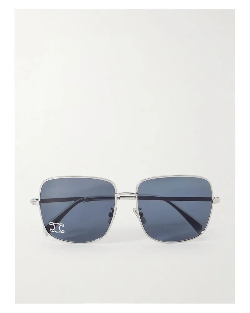 Celine Triomphe Silberfarbene Sonnenbrille Mit Eckigem Rahmen Und Kristallen Silber