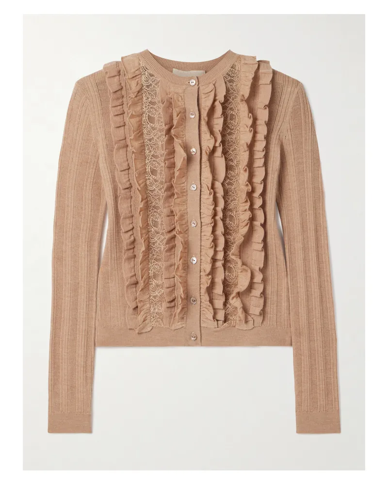 Ulla Johnson Maryel Cardigan Aus Gerippter Merinowolle Mit Spitzeneinsätzen Und Rüschen - Neutral Neutral