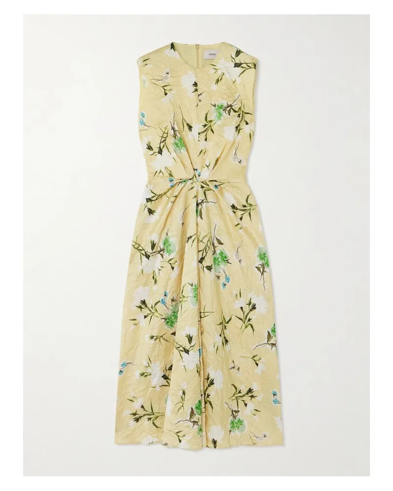 Erdem Midikleid Aus Satin In Knitteroptik Mit Blumenprint Und Raffungen - Gelb Gelb