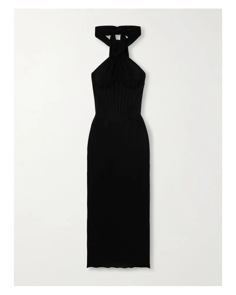 Magda Butrym Neckholder-midikleid Aus Stretch-tüll Mit Applikation - Schwarz Schwarz