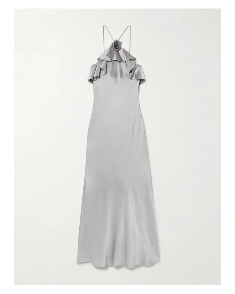 Rodarte Neckholder-midikleid Aus Seidensatin Mit Rüschen Und Applikation - Silber Silber