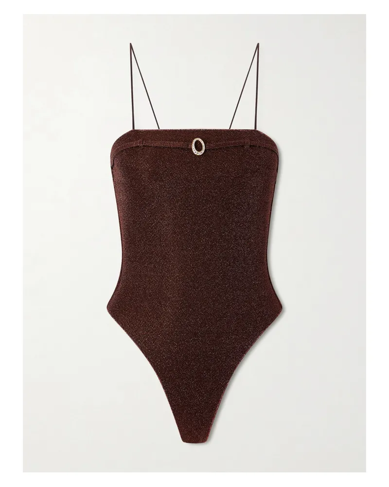 Oséree Lumière Micro Belt Embellished Metallic Swimsuit - Brown Brown