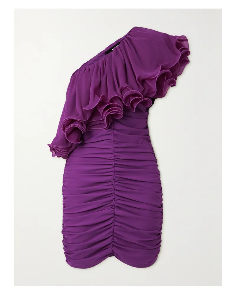 ROTATE Birger Christensen Net Sustain Asymmetrisches Minikleid Aus Gerafftem, Recyceltem Chiffon Mit Rüschen - Lila Lila