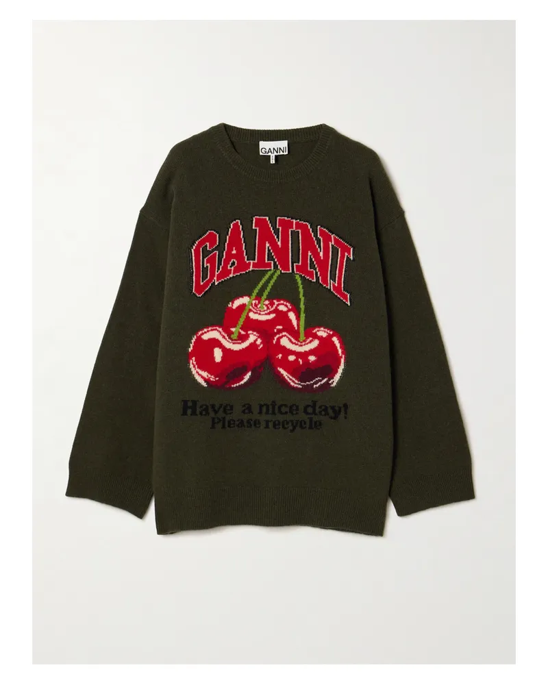 Ganni Oversized-pullover Aus Jacquard-strick Aus Einer Wollmischung - Grün Grün