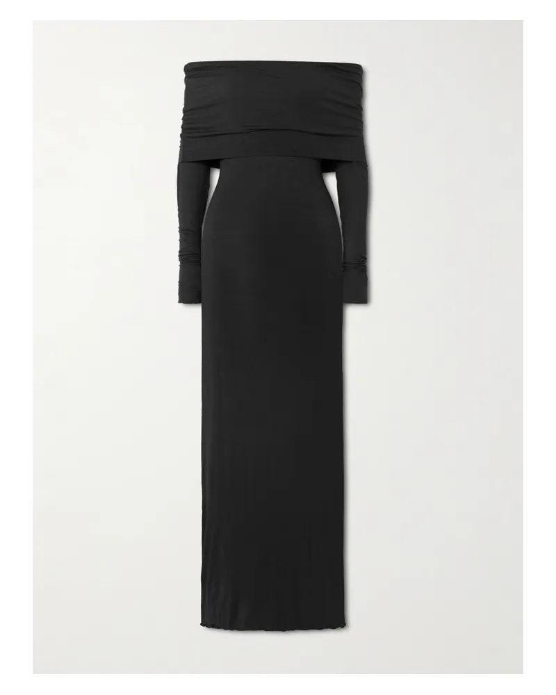 SKIMS Sheer Modal-blend Off Shoulder Long Dress – Onyx – Schulterfreies Maxikleid - Schwarz Schwarz