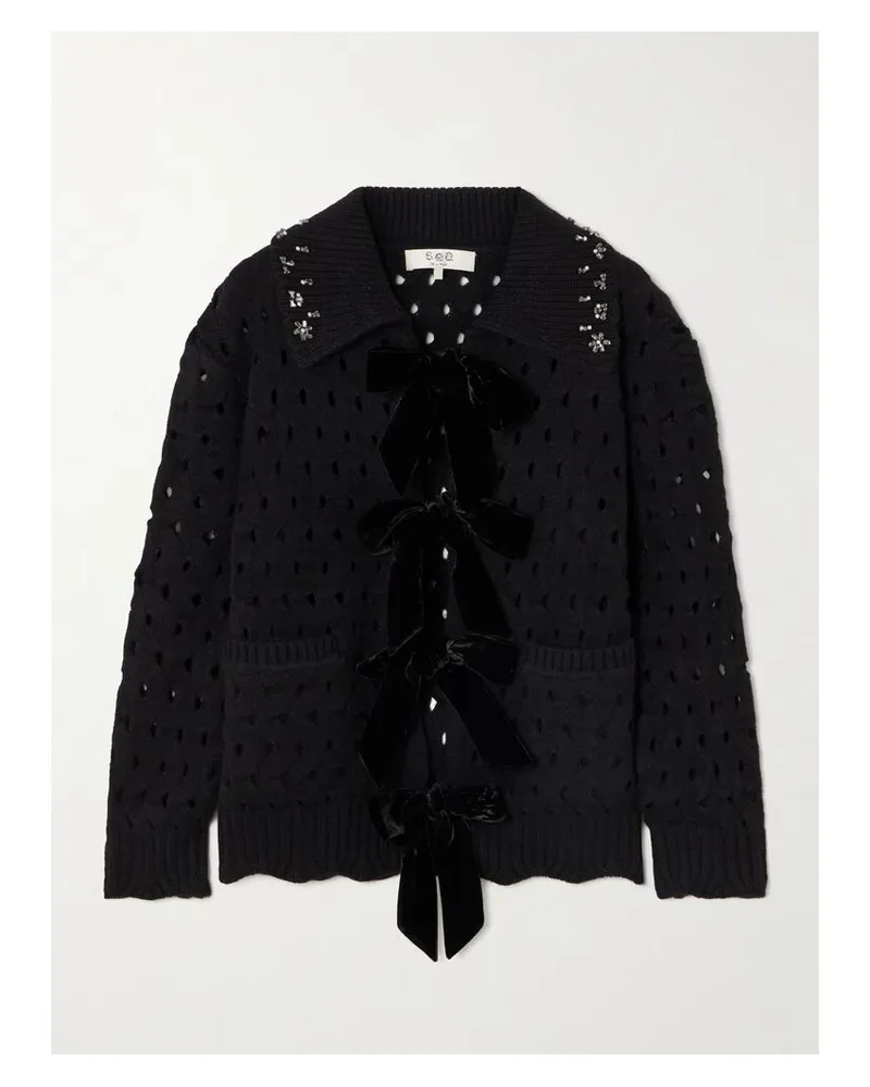 Sea Leia Cardigan Aus Wolle In Lochstrick Mit Samtbesätzen Und Verzierungen - Schwarz Schwarz