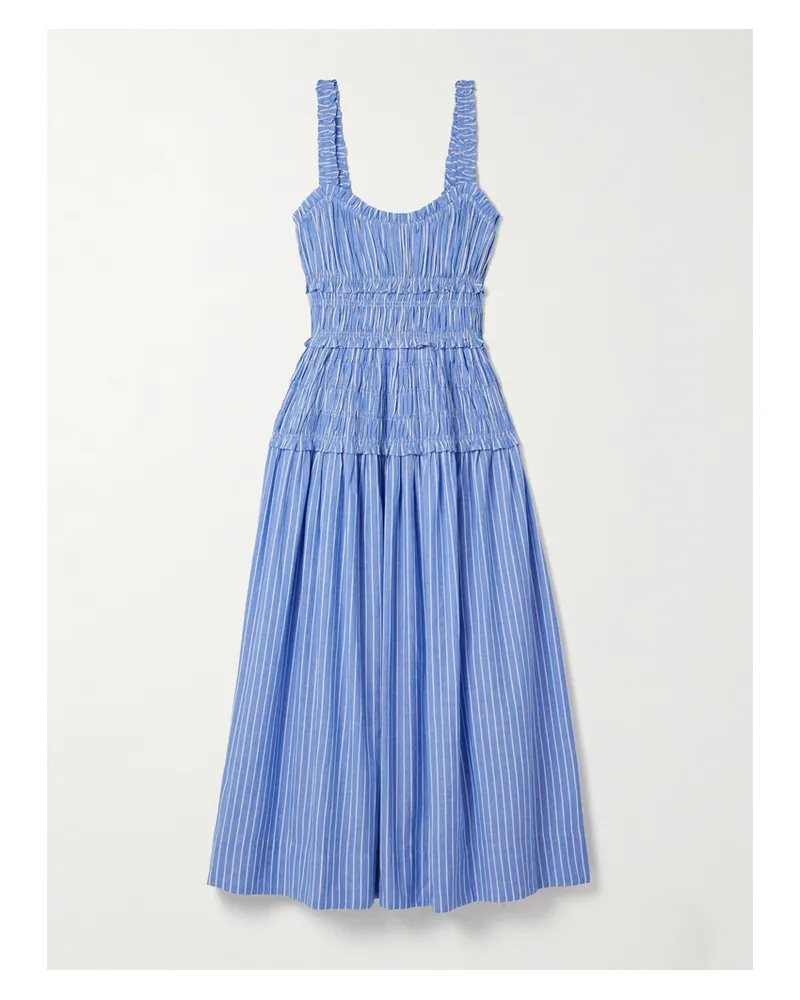 DÔEN Marianne Gestreiftes Midikleid Aus Baumwollpopeline Mit Raffungen - Blau Blau