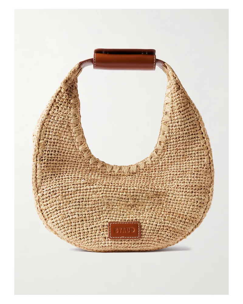 STAUD Moon Leather-trimmed Raffia Tote - Neutrals Neutrals