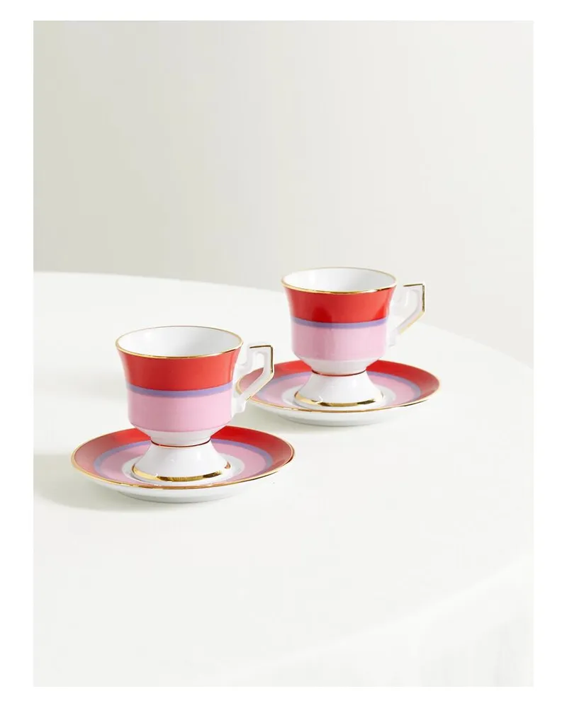 La DoubleJ Set Aus Zwei Espressotassen Und Untertassen Aus Porzellan Mit Vergoldeten Details - Pink Pink