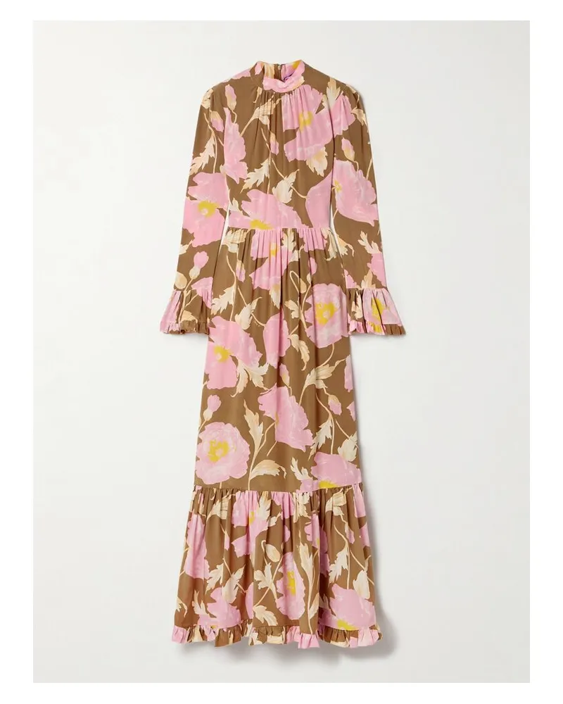 La DoubleJ Visconti Maxikleid Aus Crêpe De Chine Aus Seide Mit Blumenprint, Rüschen Und Volants - Pink Pink
