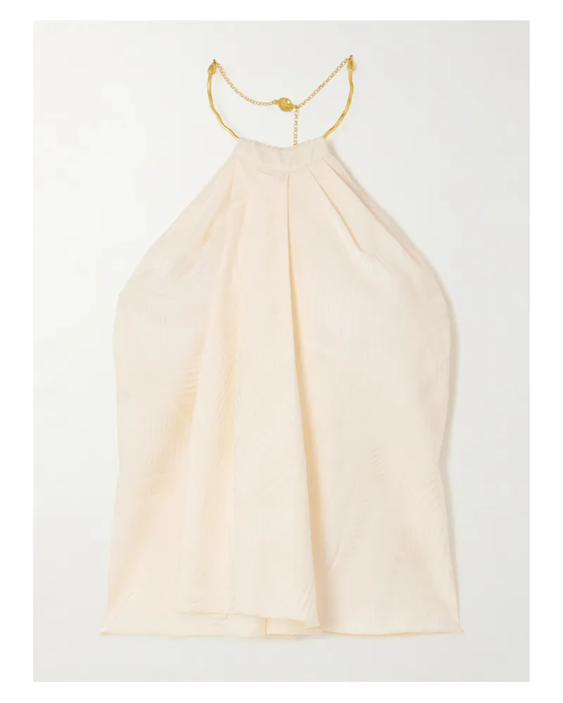 Johanna Ortiz The Root Embellished Smocked Satin-jacquard Halterneck Top - Neutrals Neutrals