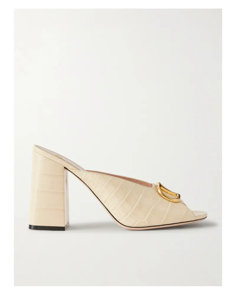 Valentino Garavani Vlogo Embellished Croc-effect Leather Mules - Neutrals Neutrals