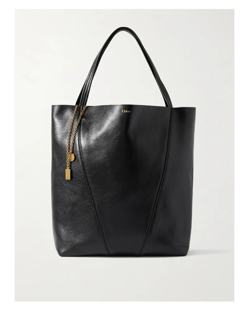 Chloé Spin Embellished Paneled Textured-leather Tote - Black Black
