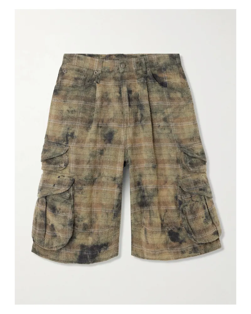 R13 Checked Distressed Cotton-flannel Cargo Shorts - Green Green