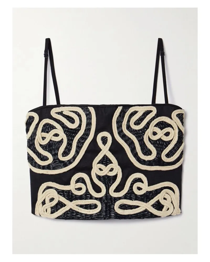 Johanna Ortiz Boat Lines Verkürztes Top Aus Leinen Mit Strohbesätzen Und Applikationen - Schwarz Schwarz