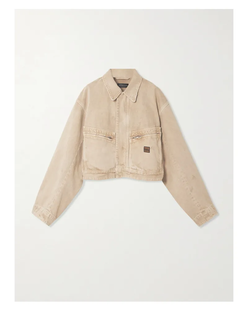 Balenciaga Cropped Distressed Appliquéd Denim Jacket - Neutrals Neutrals