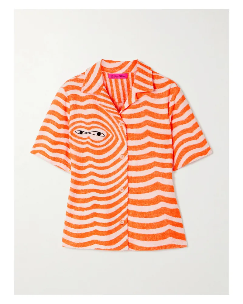 The Elder Statesman Hemd Aus Baumwollfrottee Mit Streifen Und Stickerei - Orange Orange