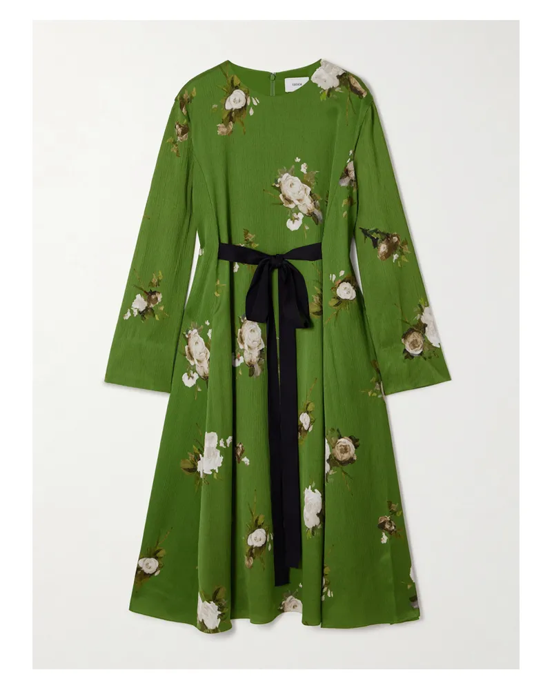 Erdem Midikleid Aus Plissiertem Satin Mit Blumenprint Und Schleife - Grün Grün