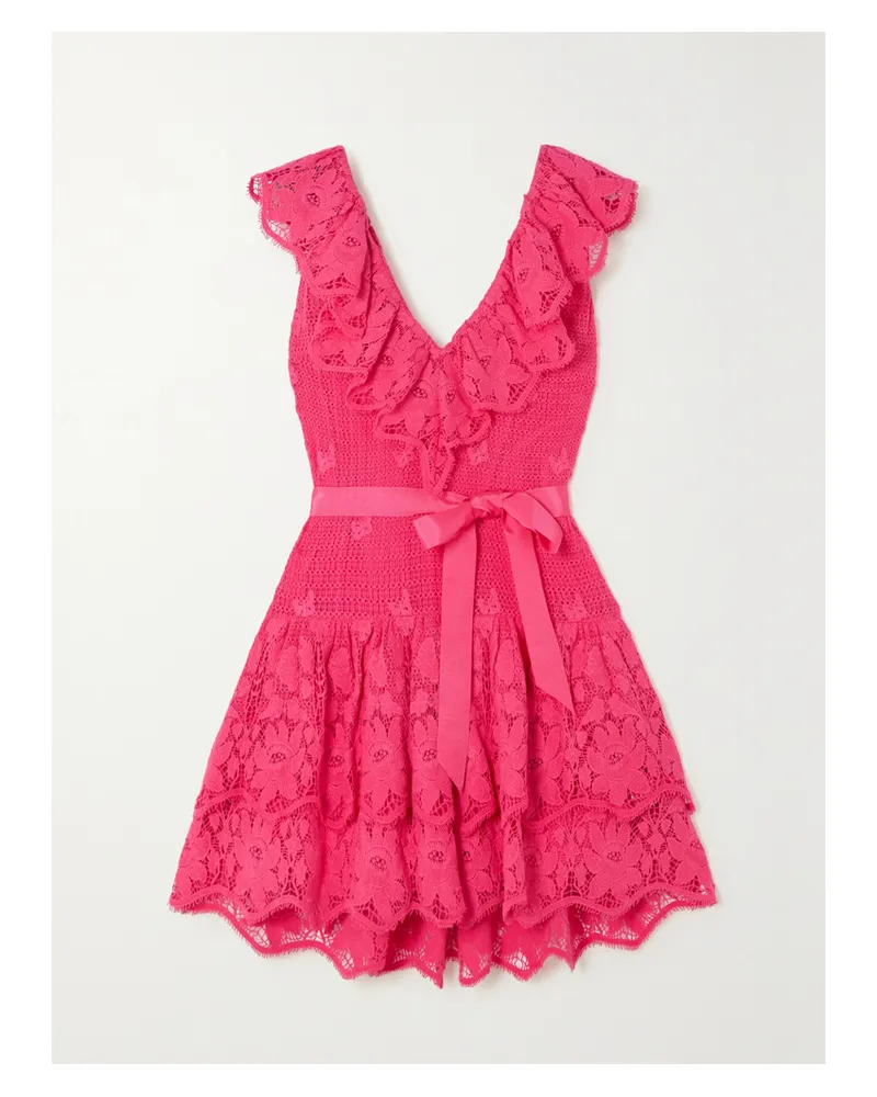 Miguelina Coco Minikleid Aus Gehäkelter Baumwolle Mit Bindegürtel Und Rüschen - Rot Rot