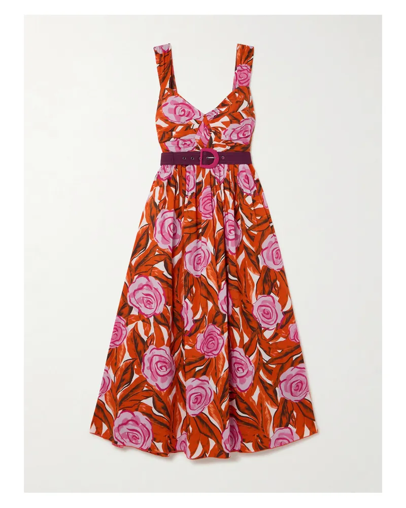 Diane von Furstenberg Elisa Midikleid Aus Popeline Aus Einer Baumwollmischung Mit Blumenprint, Gürtel Und Raffungen - Rot Rot