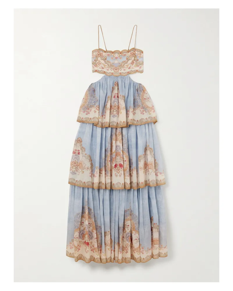 Zimmermann Daylight Cutout Tiered Printed Cotton-blend Voile Maxi Dress - Blue Blue